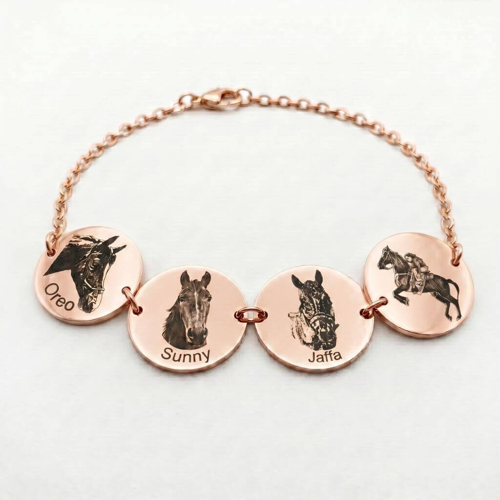 Rose gold bracelet with circular pendants featuring horse illustrations and names on a white background