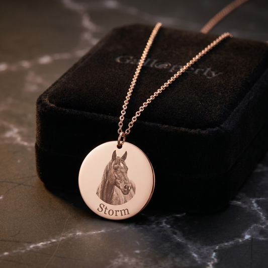 Silver pendant engraved with a horse portrait and the name Storm, on a chain against black velvet