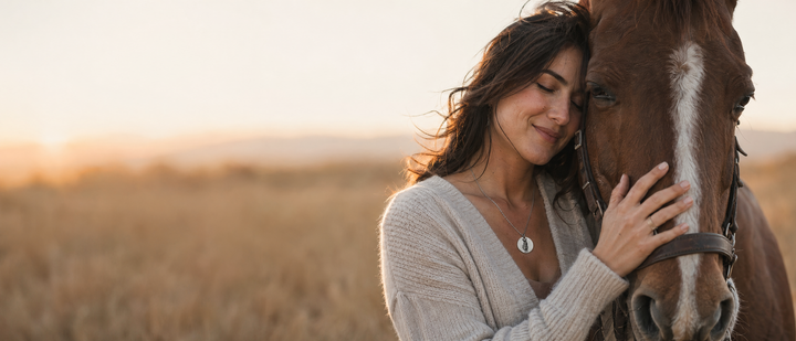 A woman in a cream sweater stands forehead-to-forehead with a brown horse in golden-hour pasture light.