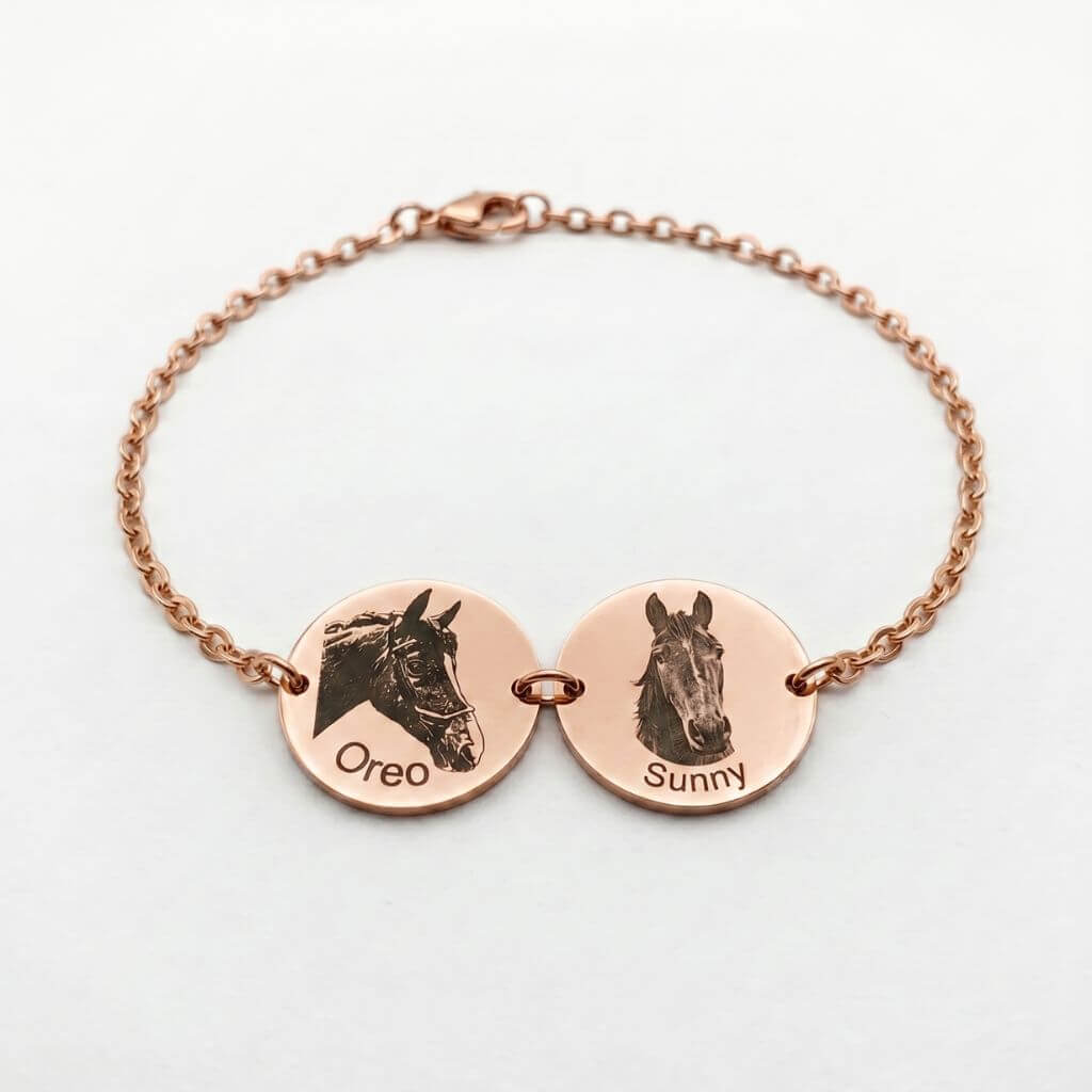Rose gold bracelet with engraved horse faces and names on a white background