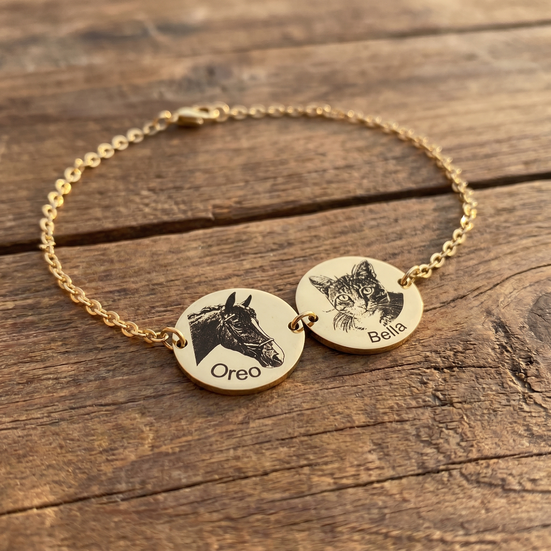 Gold bracelet with engraved Cat and Horse portrait on a wooden surface, BR-P2-GD